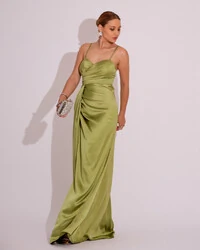 Vestido de Festa Longo Cetim Alfaiataria Fenda Drapeada Verde Lima