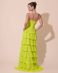 Vestido Longo Crepe Chiffon Tomara que Caia Plissado em Camadas Verde Lima
