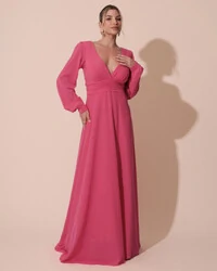 Vestido de Festa Manga Longa com Cintura Drapeada Decote V Pink New