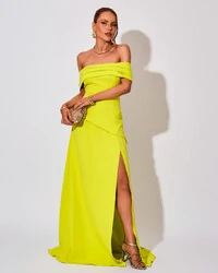 Vestido de Festa Longo Alfaiataria Ombro a Ombro Drapeado com Fenda Verde Lima