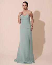 Vestido de Festa Longo Alfaiataria Tomara que Caia Drapeado Faixa Verde Menta