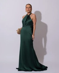 Vestido de Festa Longo em Cetim Alfaiataria com Elastano Frente Única Verde Escuro