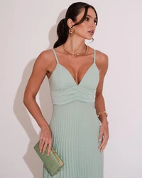 Vestido de Festa Longo Plissado Crepe Chiffon com Alça Menta