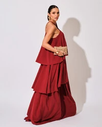 Vestido Longo Babado em Camadas Marsala Escuro