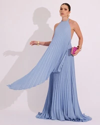 Vestidos de Festa Longo Chiffon Fluido Frente Única Plissado Duplo Serenity