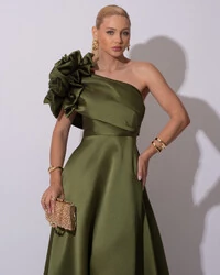 Vestido de Festa Longo Zibeline um Ombro Só Flor Drapeado Verde Oliva