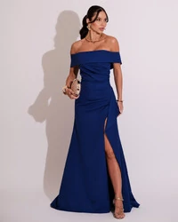 Vestido de Festa Longo Ombro a Ombro com Fenda em Alfaiataria Azul Royal