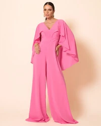 Macacão de Festa Longo Crepe Chiffon com Capa Rosa