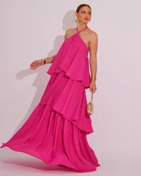 Vestido Longo Babado em Camadas Pink