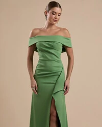 Vestido de Festa Longo Ombro a Ombro com Fenda em Alfaiataria Verde Matcha