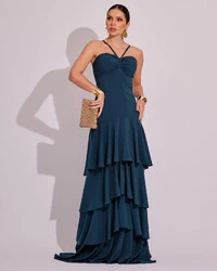 Vestido Longo Frente Única em Crepe com Babados e Camadas Verde