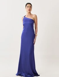 Vestido de Festa Longo Cetim Fluido Um Ombro Só Amarração Costas Azul Royal