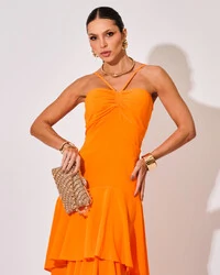 Vestido Longo Crepe com Babado em Camadas Laranja