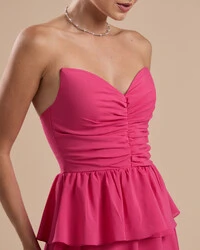 Vestido de Festa Longo Crepe Chiffon Tomara que Caia Peplum Drapeado Pink New