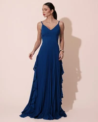 Vestido de Festa Longo Crepe Chiffon Alça Fina Saia Plissada com Babado Cascata Azul Royal