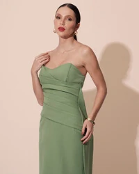 Vestido de Festa Longo Alfaiataria Tomara que Caia Drapeado Faixa Verde Matcha