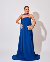 Vestido de Festa Longo Crepe Tomara que Caia com Lenço Azul Royal