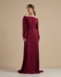 Vestido de Festa Longo Crepe Chiffon Plissado Ombro a Ombro Cereja