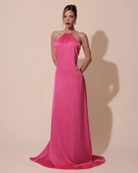 Vestido de Festa Longo Cetim Fluido com Argola Frente Única Pink New