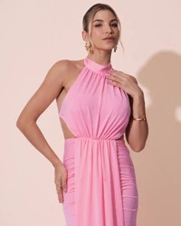Vestido de Festa Longo Malha Jersey Gola Alta Saia Sereia Rosa New