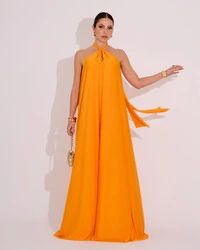 Vestido Longo com Amarração em Malha Laranja Manga