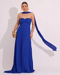 Vestido de Festa Longo Tomara que Caia Plissado com Lenço Azul Royal