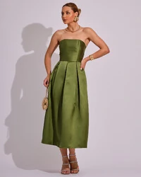 Vestido Midi Tomara que Caia Zibeline Com Pregas Verde Oliva