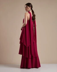 Vestido de Festa Longo Chiffon Crepe em Camadas com Lenço Cereja