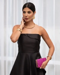 Vestido de Festa Zibeline Tomara que Caia com Recortes e Camadas Preto