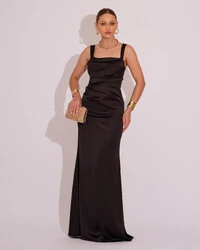 Vestido Longo de Festa Cetim Alfaiataria Drapeado Sereia Preto