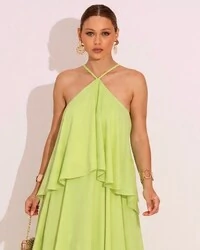 Vestido Longo Crepe Chiffon Babado em Camadas Verde Lima