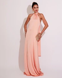 Vestido de Festa Gola Alta com Decote nas Costas Acetinado Rose Gold