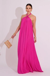 Vestido Longo com Amarração em Malha Pink