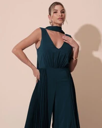 Macacão de Festa Longo Crepe Pantalona Plissado e Lenço Verde Escuro