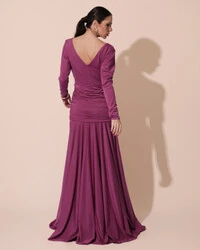 Vestido de Festa Longo Malha Degagê Drapeado Manga Longa Fúcsia