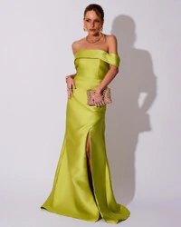 Vestido de Festa Longo Zibeline Ombro a Ombro Drapeado e Fenda Verde Lima