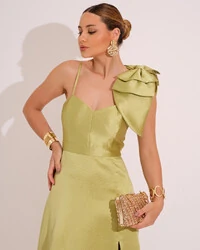 Vestido de Festa Longo em Zibeline com Laço Removível Verde Lima