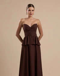 Vestido de Festa Longo Crepe Chiffon Tomara que Caia Peplum Drapeado Marrom