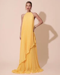 Vestidos de Festa Longo Chiffon Fluido Frente Única Plissado Duplo Amarelo