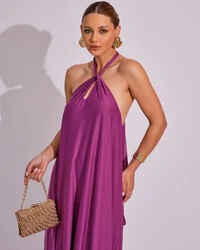 Vestido Longo com Amarração em Malha Fucsia