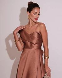 Vestido de Festa Longo Zibeline um Ombro Só Mullet Mocha Mousse