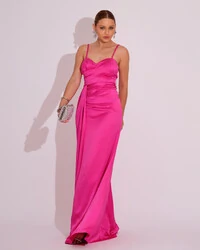 Vestido de Festa Longo Cetim Alfaiataria Fenda Drapeada Pink