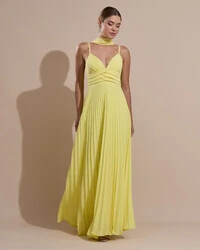 Vestido de Festa Longo Plissado Crepe Chiffon com Alça e Lenço Amarelo Manteiga