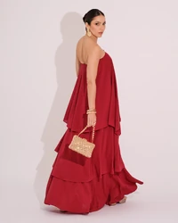 Vestido de Festa Longo Tomara que Caia em Camadas Marsala