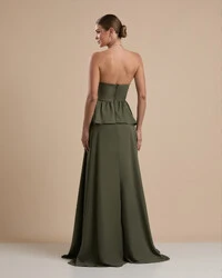 Vestido de Festa Longo Crepe Chiffon Tomara que Caia Peplum Drapeado Verde Oliva