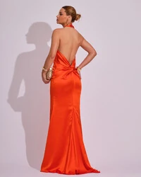 Vestido de Festa Longo em Cetim Alfaiataria com Elastano Frente Única Laranja
