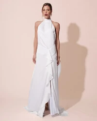 Vestido Longo de Festa Cetim Fluido Gola Alta e Babado Cascata Branco