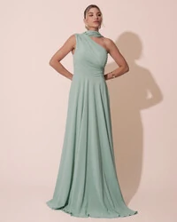 Vestido de Festa Longo Crepe Chiffon Um Ombro Só Drapeado com Lenço Verde Menta