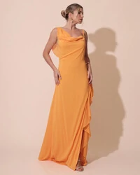 Vestido de Festa Longo Crepe Chiffon Degagê com Fenda e Babado Cascata Laranja Manga