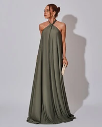 Vestido Longo com Amarração em Malha Verde Oliva